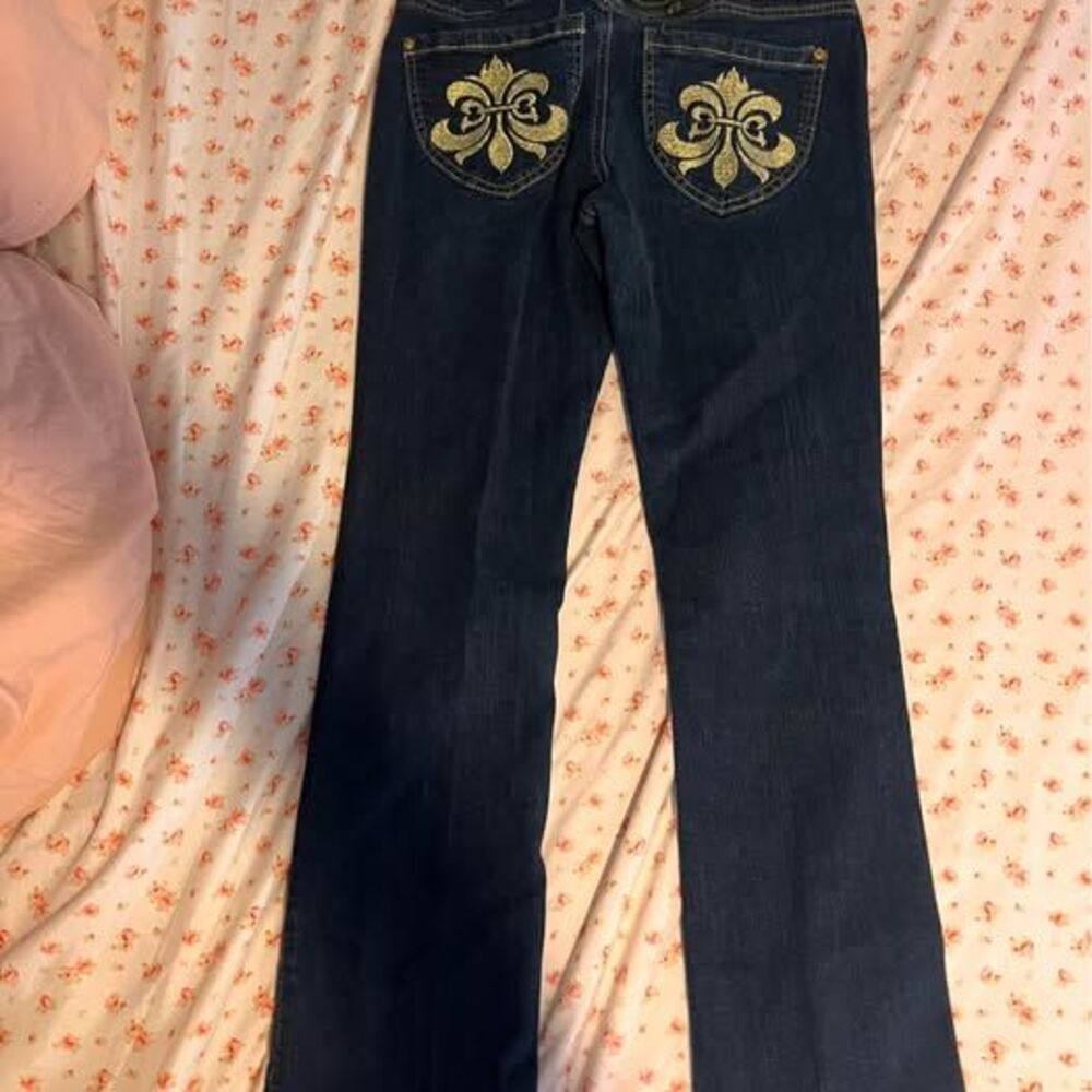 2000s flared denim jeans with gold-toned fleur-de-lis embroidery